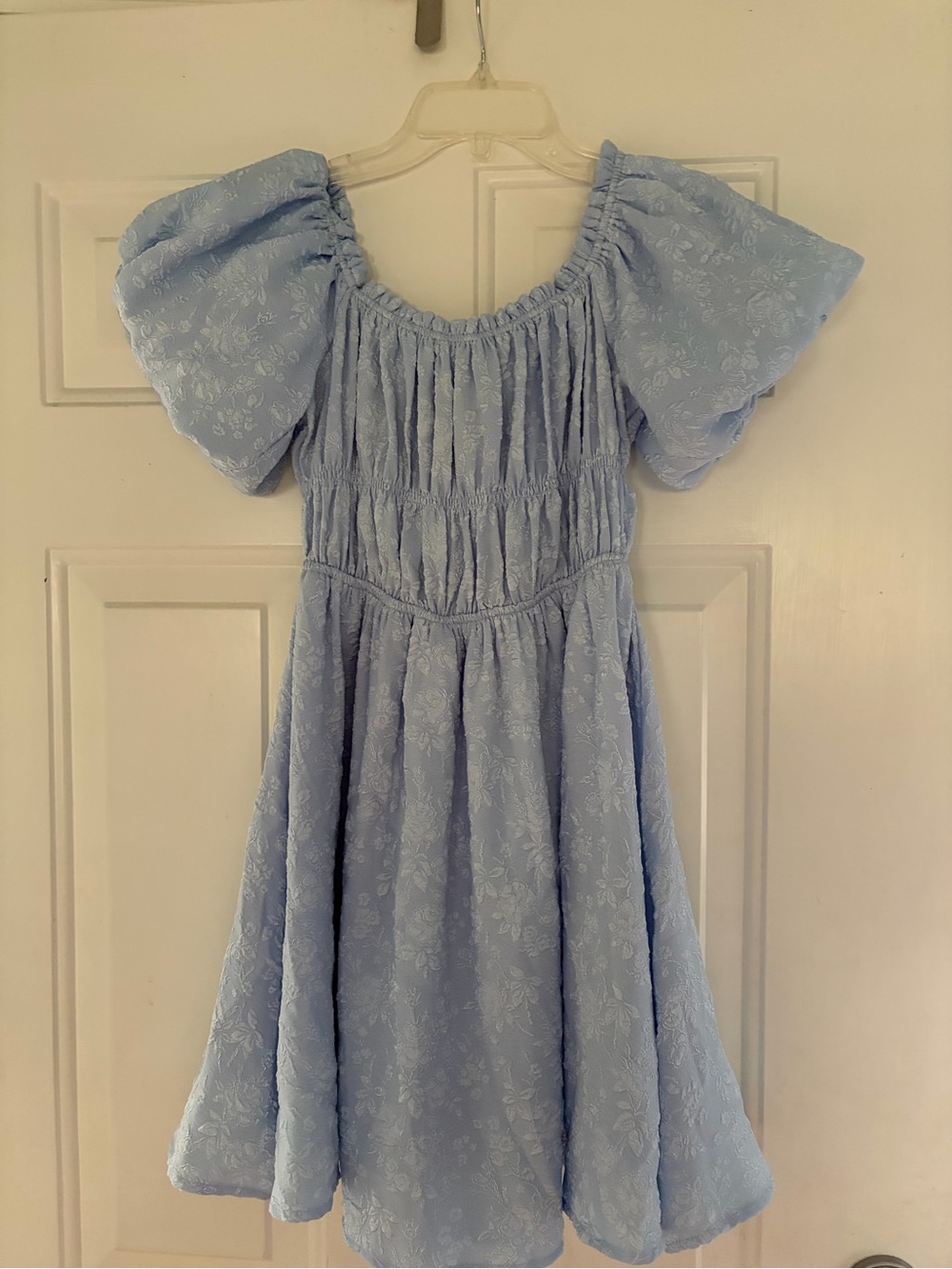Lizard Thicket Light Blue Floral Puff-Sleeve Mini Dress